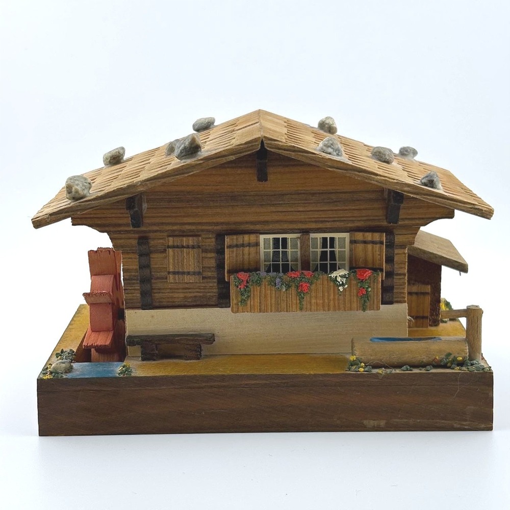 Vintage Reuge Swiss Musical Jewelry‎ Box Alpine Chalet Water Wheel